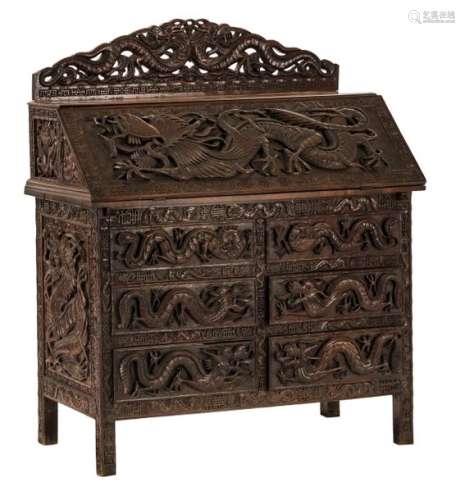 An Oriental exotic hardwood writing desk, richly s...;