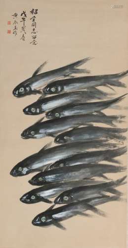 A scroll depicting a shoal of fish, signed, 69,5 x...;
