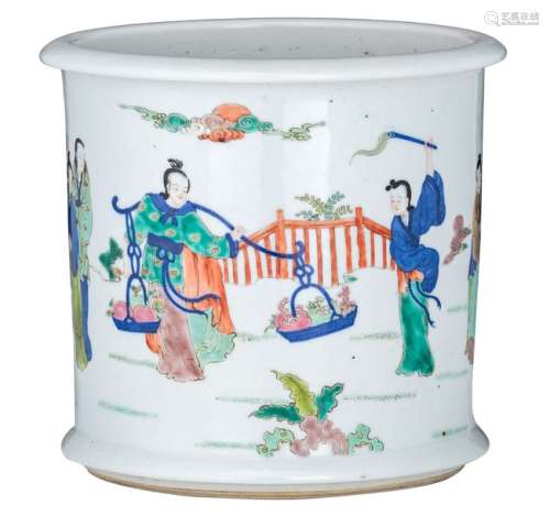 A Chinese polychrome brush pot, decorated with fig...;