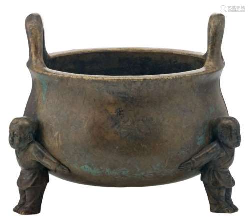 A Chinese patinated bronze tripod incense burner, ...;