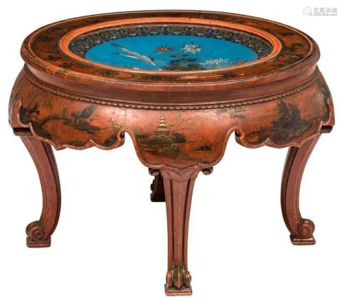 A Chinese red lacquered hardwood coffee table, dec...;