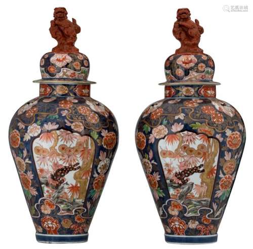 A rare pair of Japanese Arita Imari covered jars, ...;