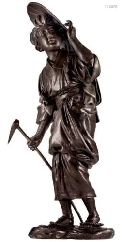 A Japanese bronze statue, depicting a farmer, mark...;