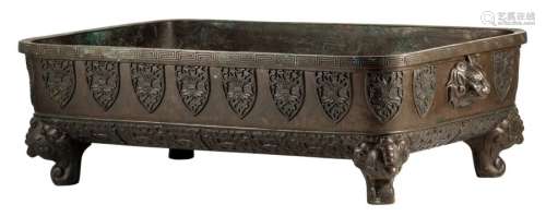 A Chinese rectangular bronze incense burner, with ...;