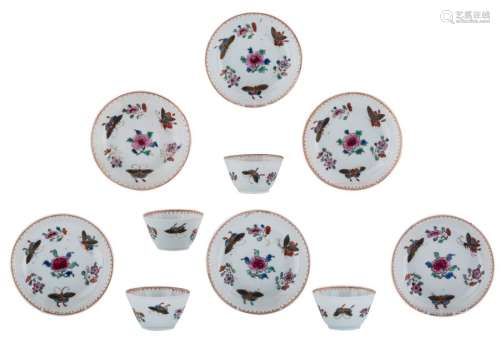 Five Chinese cups, polychrome decorated with flowe...;