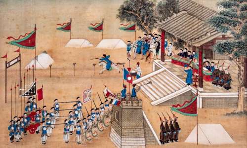 A Chinese military parade, gouache, 33,5 x 55 cm