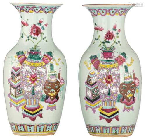 A near pair of Chinese famille rose vases, decorat...;