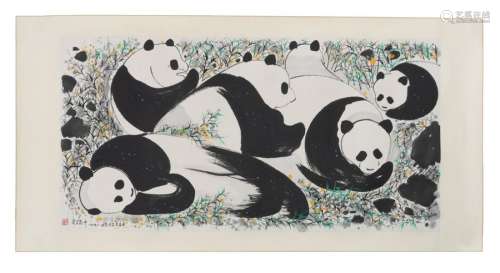 An illegibly signed scroll decorated with pandas i...;