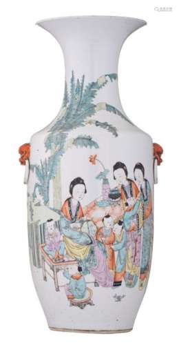 A Chinese polychrome vase, decorated with ladies a...;