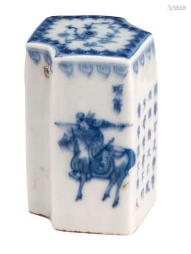 A Chinese hexagonal blue and white seal, decorated...;