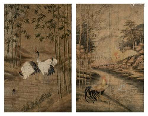 Two Japanese embroidered tapestries, one depicting...;