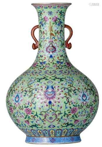 A Chinese green ground floral decorated bottle vas...;
