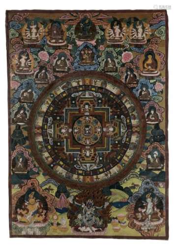 A Tibetan thangka, gouache on textile, framed, 61,...;