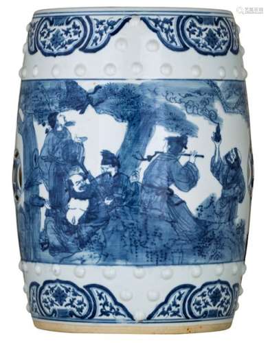 A Chinese blue and white garden seat, decorated wi...;
