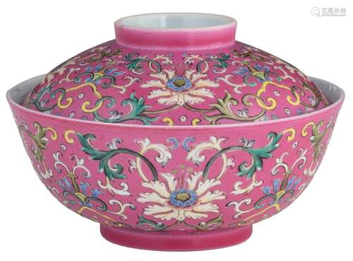 A Chinese pink ground polychrome floral decorated ...;