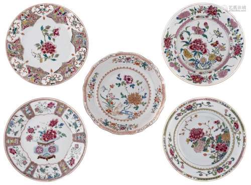 Five Chinese famille rose floral decorated dishes,...;
