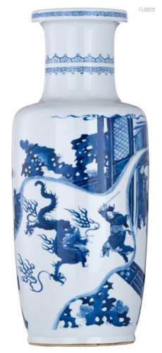 A Chinese blue and white rouleau vase, decorated w...;