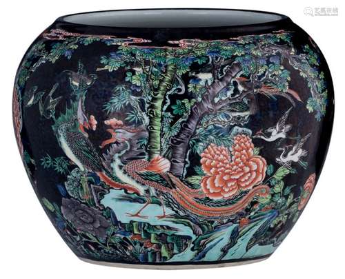 A Chinese black ground polychrome jardiniere, deco...;