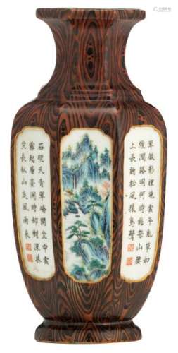 A Chinese faux bois ground famille rose hexagonal ...;