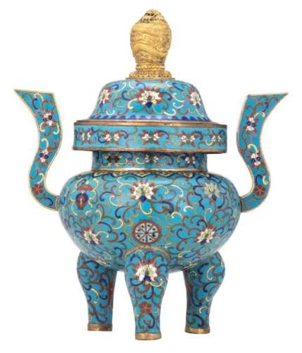 A Chinese tripod cloisonné incense burner with a g...;