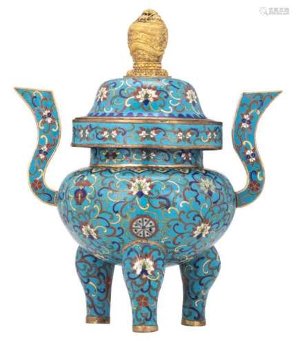 A Chinese tripod cloisonné incense burner with a g...;