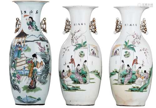 A pair of famille rose vases, decorated with ladie...;