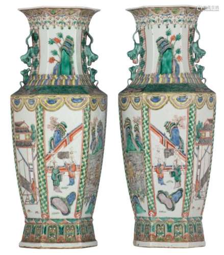 A pair of Chinese famille verte hexagonal vases, t...;