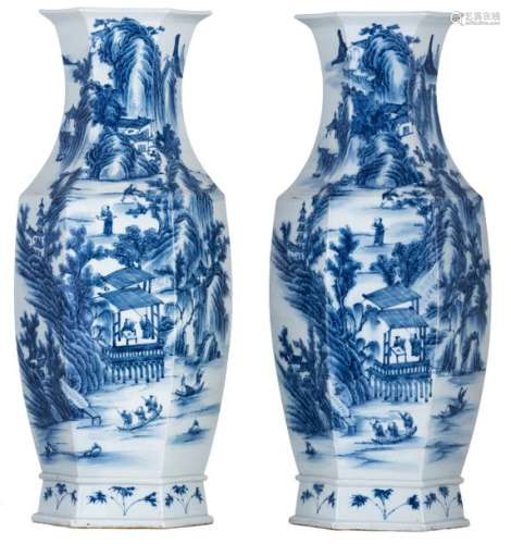 A pair of Chinese blue and white hexagonal vases, ...;