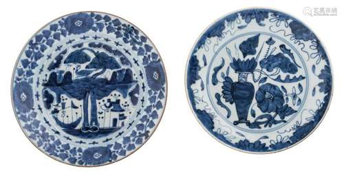 Two Chinese blue and white saucers, decorated with...;