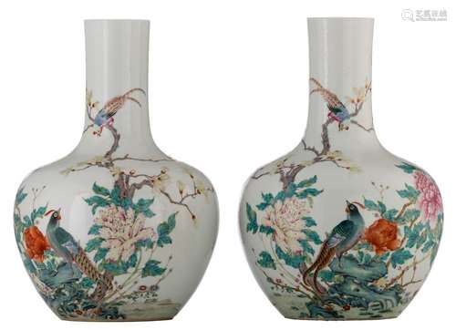 A pair of Chinese famille rose tianqiuping vases, ...;