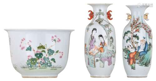 Two Chinese polychrome vases, decorated with ladie...;