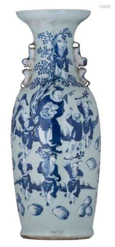 A Chinese celadon ground blue and white vase, deco...;