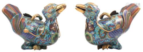 A pair of Chinese cloisonné enamel duck shaped inc...;