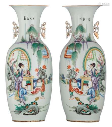 A pair of Chinese famille rose vases, decorated wi...;