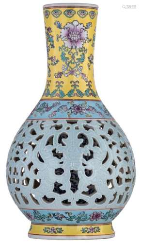 A Chinese double walled porcelain vase with polych...;