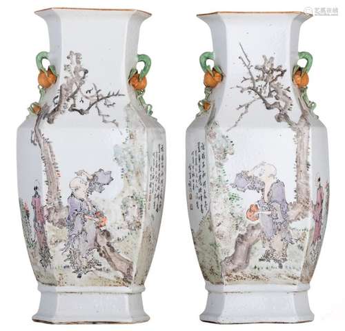 A pair of Chinese polychrome hexagonal vases, deco...;