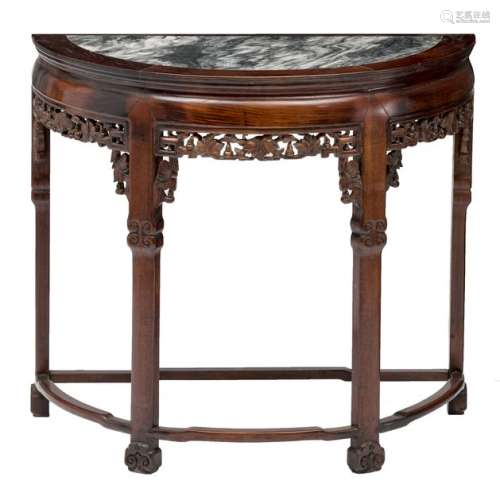 A Chinese demi lune carved hardwood table with mar...;