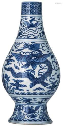 A Chinese blue and white pear shaped vase, decorat...;