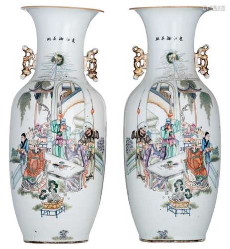 A pair of Chinese polychrome vases, decorated with...;