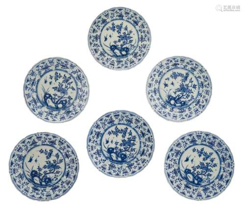 A lot of six Chinese porcelain blue and white sauc...;
