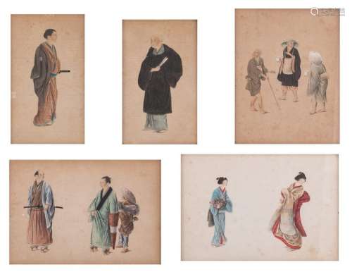 Five Japanese watercolours on rice paper, depictin...;