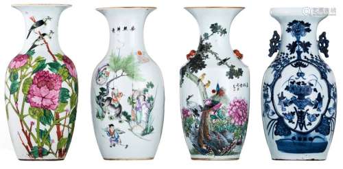A lot of three Chinese vases, famille rose and pol...;