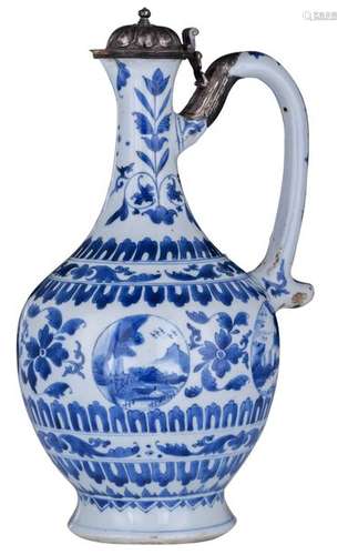 A Chinese blue and white jug with a silver cover, ...;