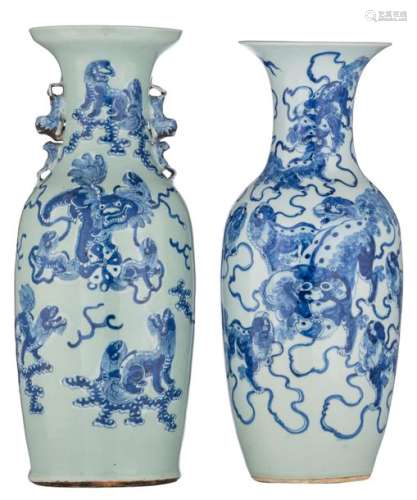 A Chinese celadon ground blue and white vase, deco...;