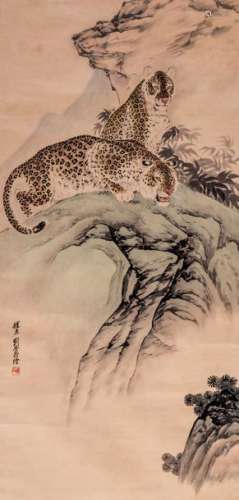 Liu Kuiling, a scroll depicting leopards in a moun...;