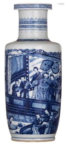 A Chinese blue and white rouleau vase, decorated w...;