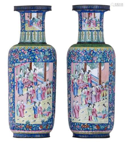 Two Chinese Canton enamel floral decorated vases, ...;