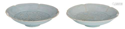 Two Chinese Song dynasty incised lotus shaped dish...;