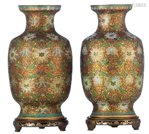 A pair of Chinese champlevé and cloisonné enamel v...;