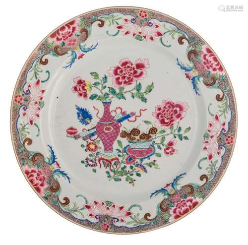 A large Chinese famille rose plate, decorated in t...;